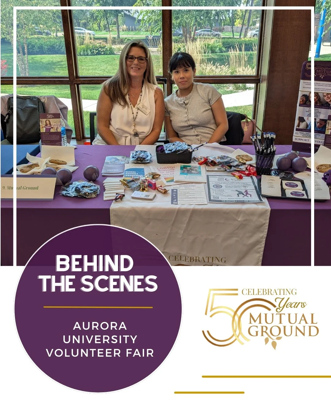 Check out our Community Engagement Advocate, Laurie, and our Legal Advocate, Fran, representing Mutual Ground at the Aurora University Volunteer Fair! We’re always grateful for opportunities to connect with students and share how they can get i