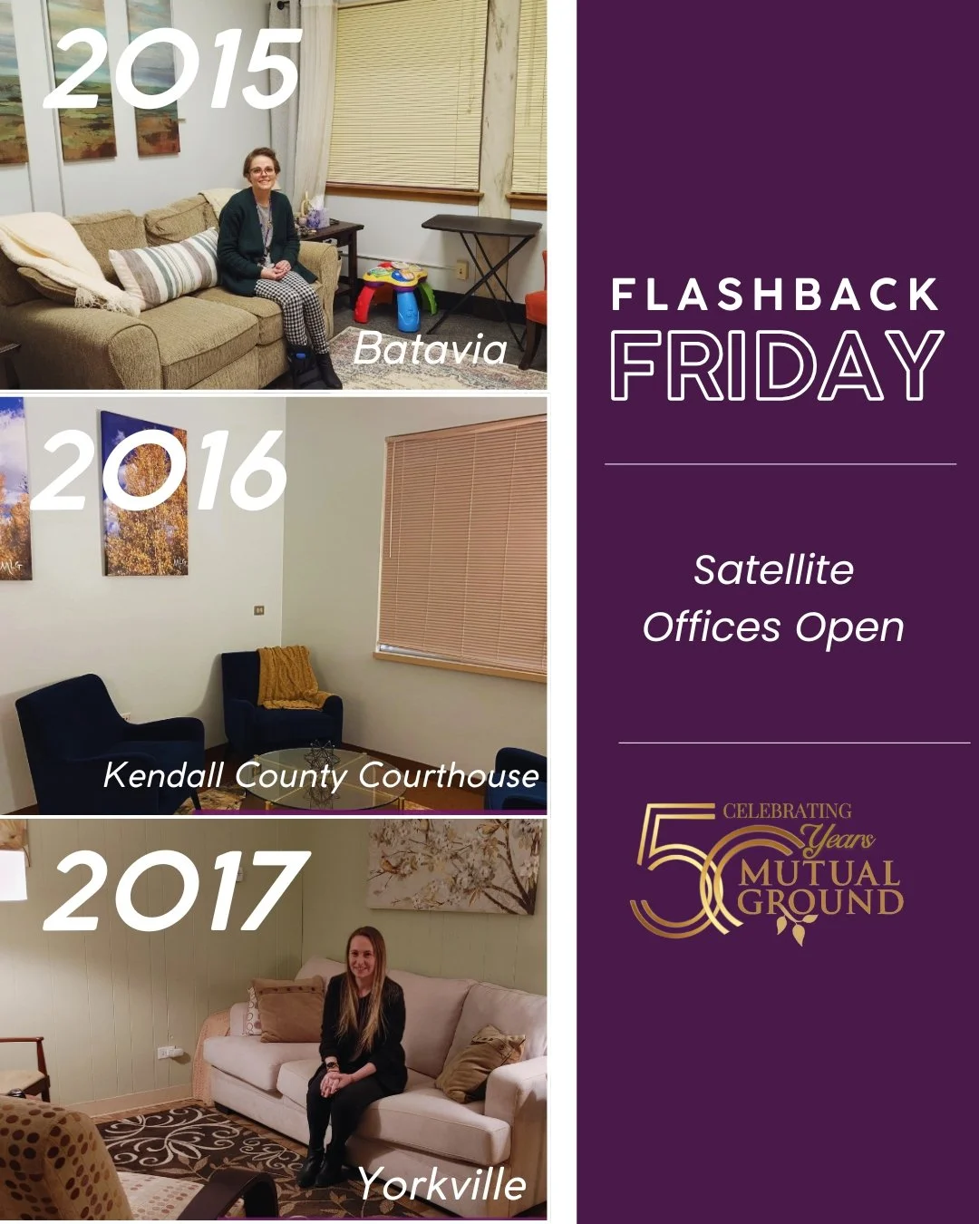 ⭐ Flashback Friday ⭐

Over the years, we&rsquo;ve been working to bring our services closer to the communities we serve. In 2015, we opened a satellite counseling office in Batavia, followed by a legal advocacy office at the Kendall County Courthouse