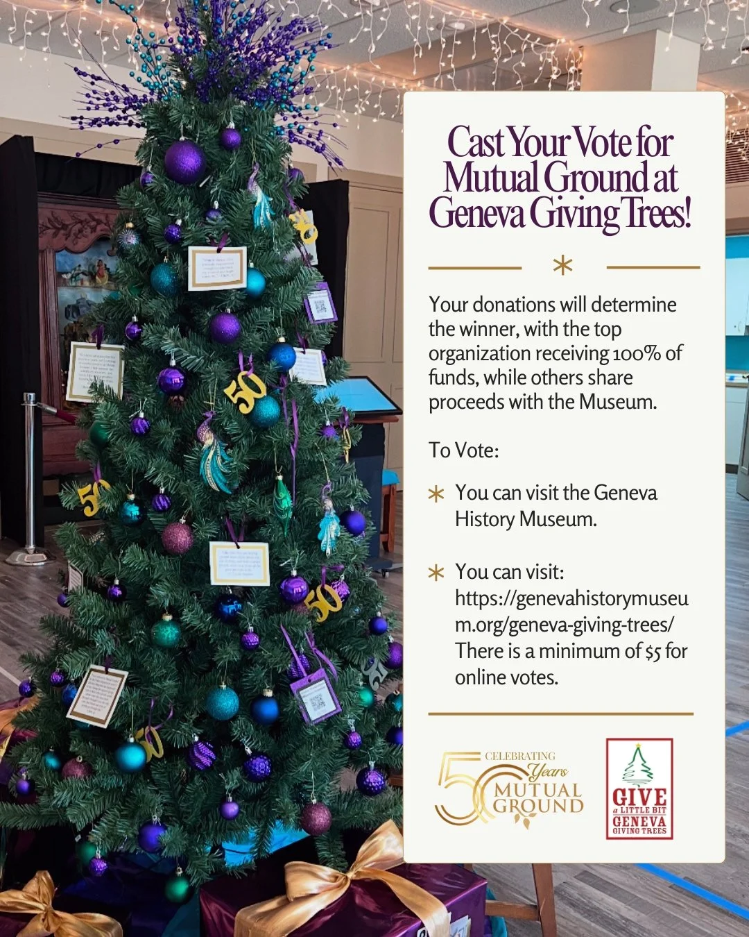 Cast Your Vote for Mutual Ground at Geneva Giving Trees! 

Inside the Geneva History Museum  you will find our tree along with other trees from local nonprofits representing their missions. Your votes&mdash;cast through donations&mdash;decide who the