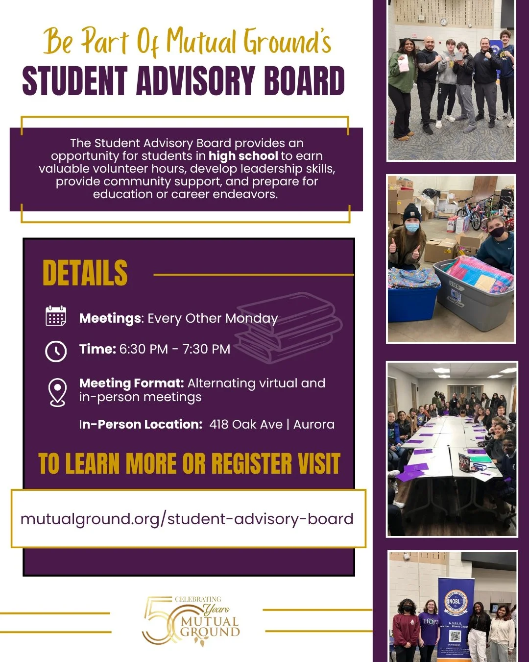 We&rsquo;re looking for dedicated high school students to join the Mutual Ground Student Advisory Board! 

The Student Advisory Board is a great opportunity to earn volunteer hours, build leadership skills, and gain experience that supports your futu