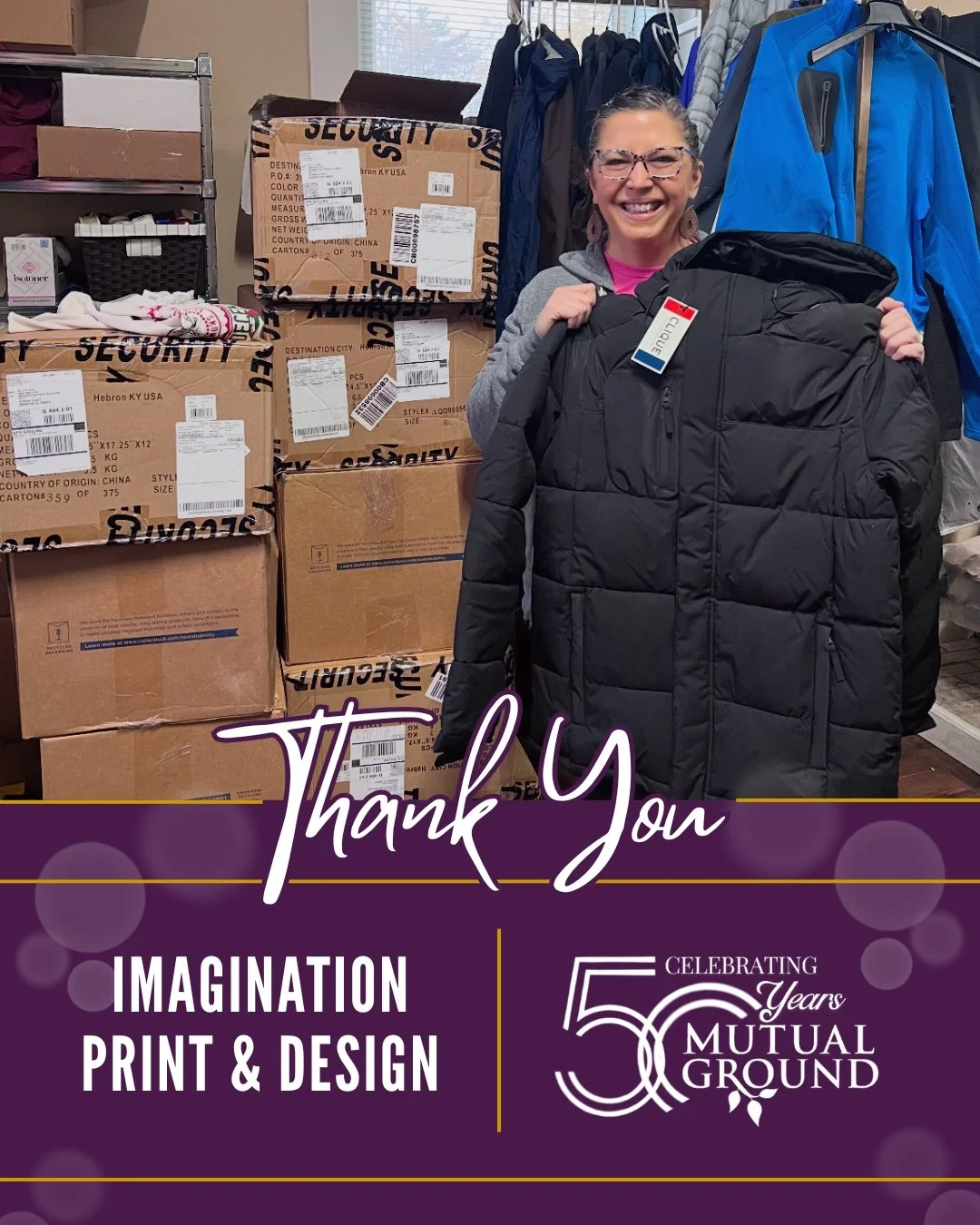 A huge thank you to Imagination Print &amp; Design for their generous donation of winter coats!  Your kindness ensures our clients stay warm during this chilly season!

#MutualGround #ImaginationPrintAndDesign #ThankYou