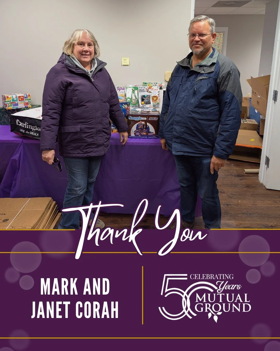 Thank You to Mark &amp; Janet Corah for their generous donation of toys for our Winter Wonderland Shoppe! Your support will bring joy and excitement to the families we serve this holiday season.

#MutualGround #WinterWonderlandShoppe #ThankYou