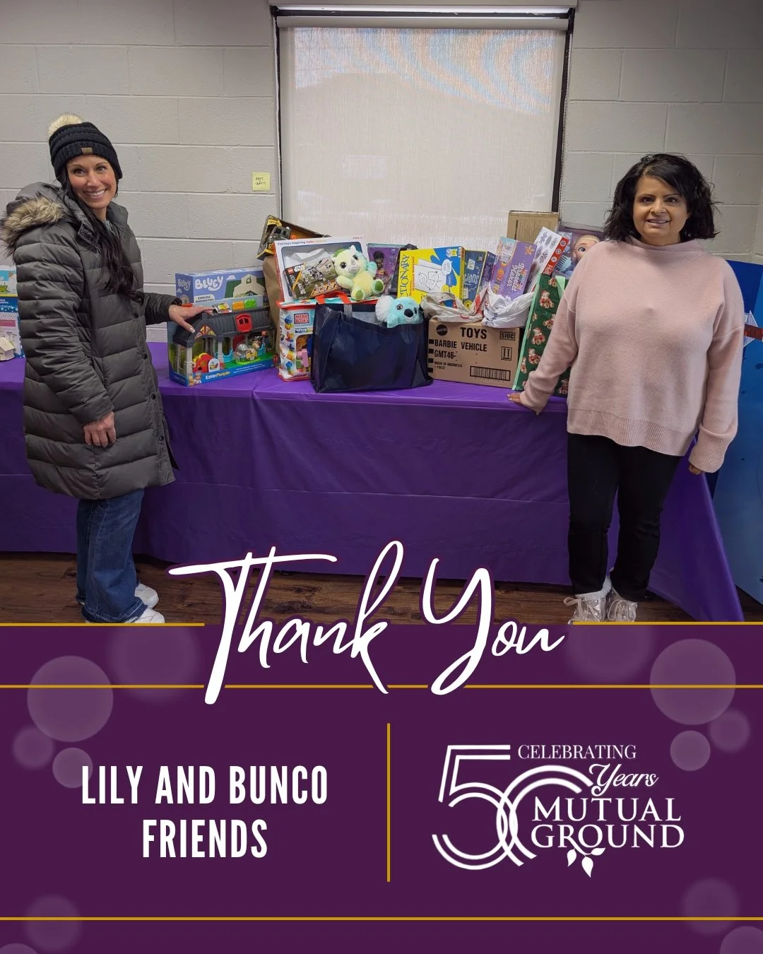 We are incredibly grateful to our board member Lily and her Bunco friends for their generous donation of gifts to our Winter Wonderland Shoppe. Your kindness and support help bring joy and holiday cheer to the families we serve! ❄️ 

#MutualGrounc #B