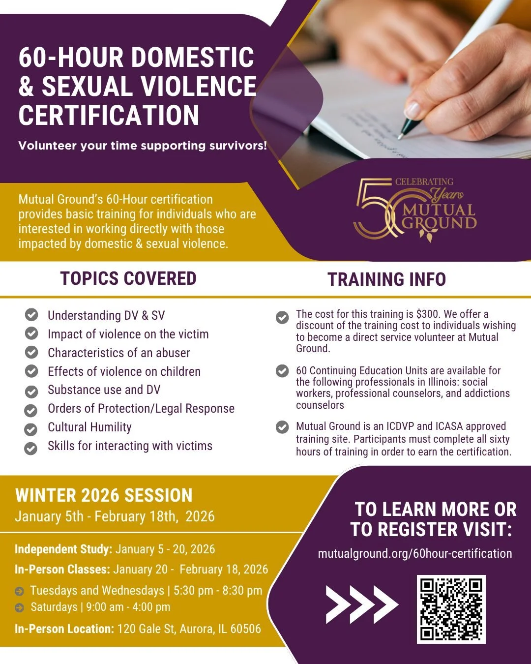 ⭐Join the Winter Session of Mutual Ground's 60-Hour Domestic &amp; Sexual Violence Certification!⭐

The 60-Hour certification provides basic training for individuals who are interested in working directly with those affected by domestic &amp; sexual 