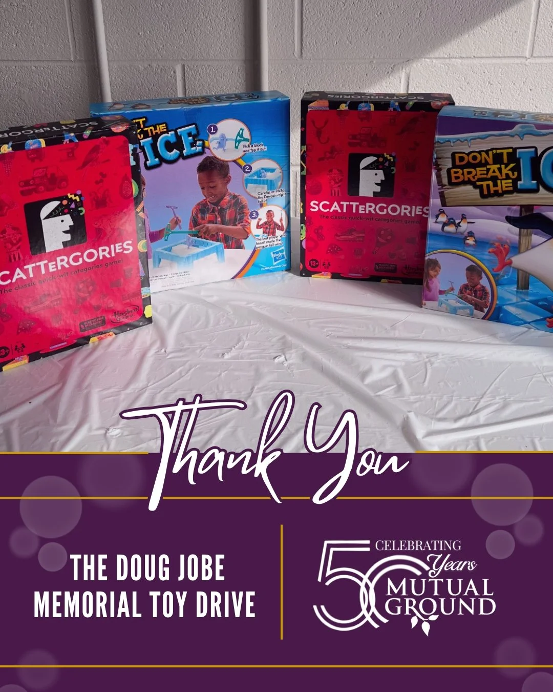 A heartfelt thank you to The Doug Jobe Memorial Toy Drive for their generous donation of toys to our Winter Wonderland Shoppe!

#MutualGround #TheDougJobeMemorialToyDrive #ThankYou