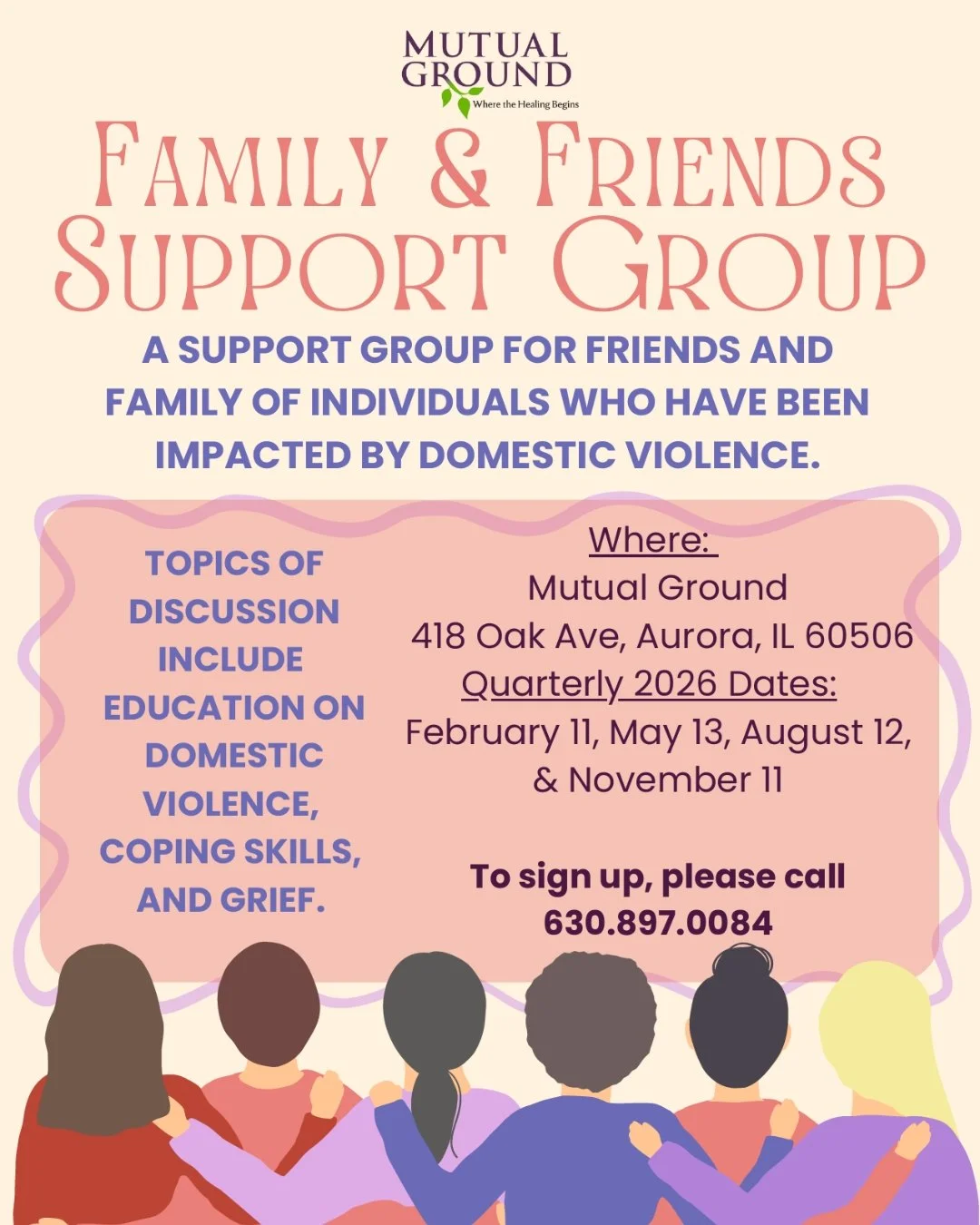 🌟 NEW GROUP OFFERING 🌟 
Mutual Ground&rsquo;s Family &amp; Friends Support Group

Supporting those impacted by domestic violence can be challenging &mdash; whether you&rsquo;ve lost a loved one to DV, or you want to help a friend or family member c