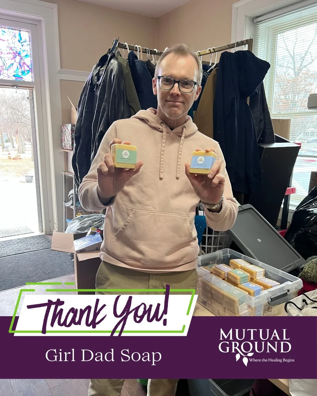 Thank You, Girl Dad Soap! 💜 

We are so grateful to Girl Dad Soap for donating their handmade soap bars to support our clients. 

#MutualGround #ThankYou #GirlDadSoap