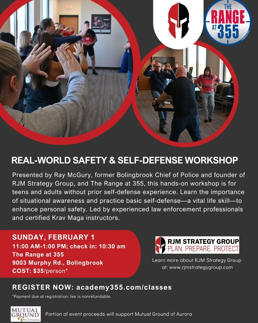 💥 THIRD PARTY EVENT: Real-World Safety &amp; Self-Defense Workshop 💥

THIS SUNDAY, February 1, 2026

Join us for an empowering, hands-on self-defense training led by Ray McGury of RJM Strategy Group, in partnership with The Range at 355. This works
