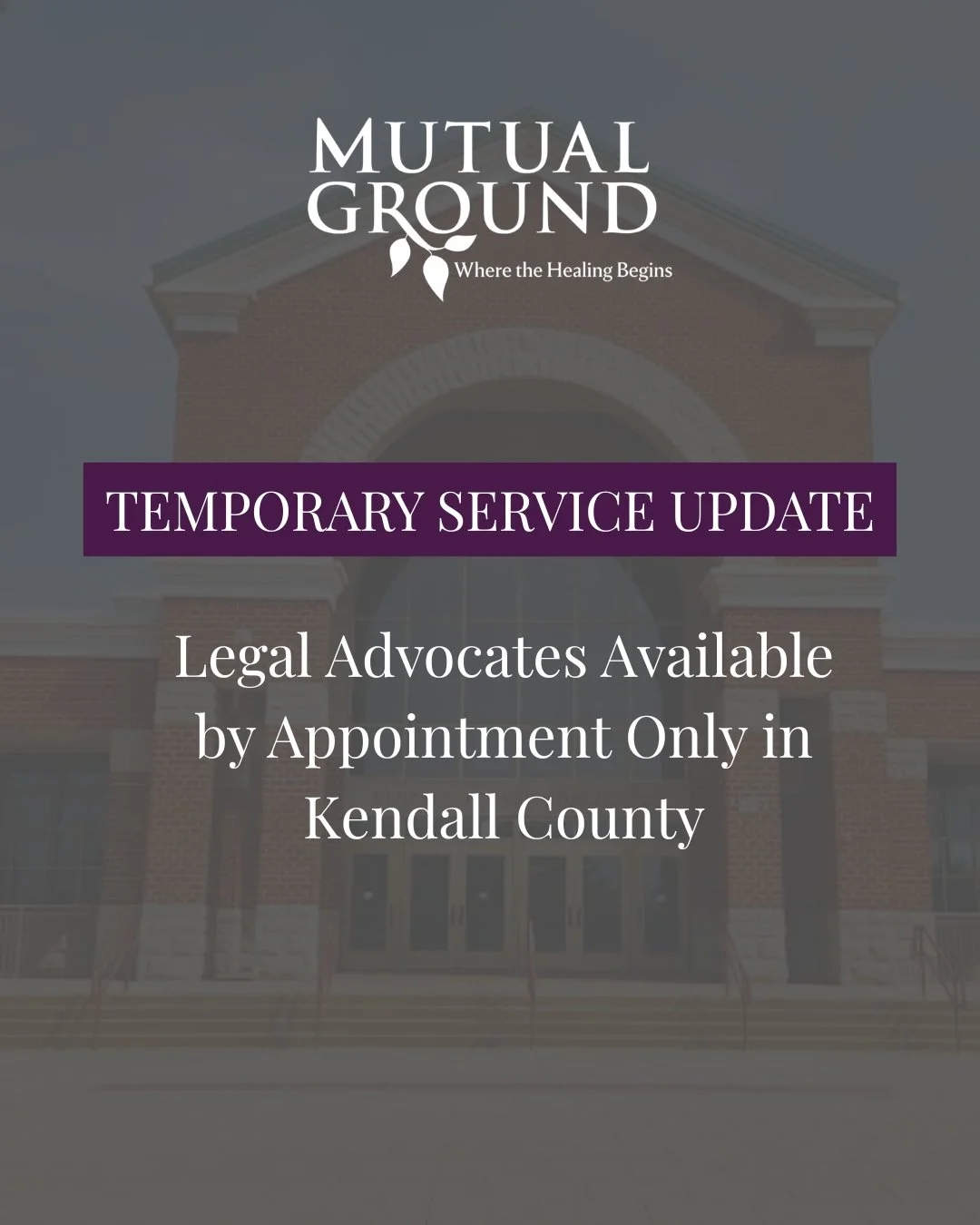 📢 Temporary Service Update: Legal Advocacy in Kendall County

Mutual Ground&rsquo;s Legal Advocates are temporarily working offsite while we transition to a new office at the Kendall County Courthouse.

Advocates are still available to meet individu