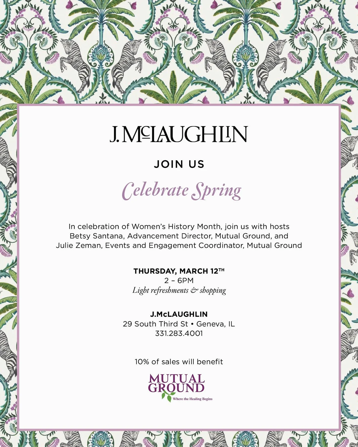 🌟 THIRD PARTY EVENT: Give Back Day

In honor of Women&rsquo;s History Month, J. McLaughlin in Geneva is hosting a special Give Back Day to benefit Mutual Ground.

Shop for a cause and 10% of all sales will directly support our mission to provide saf