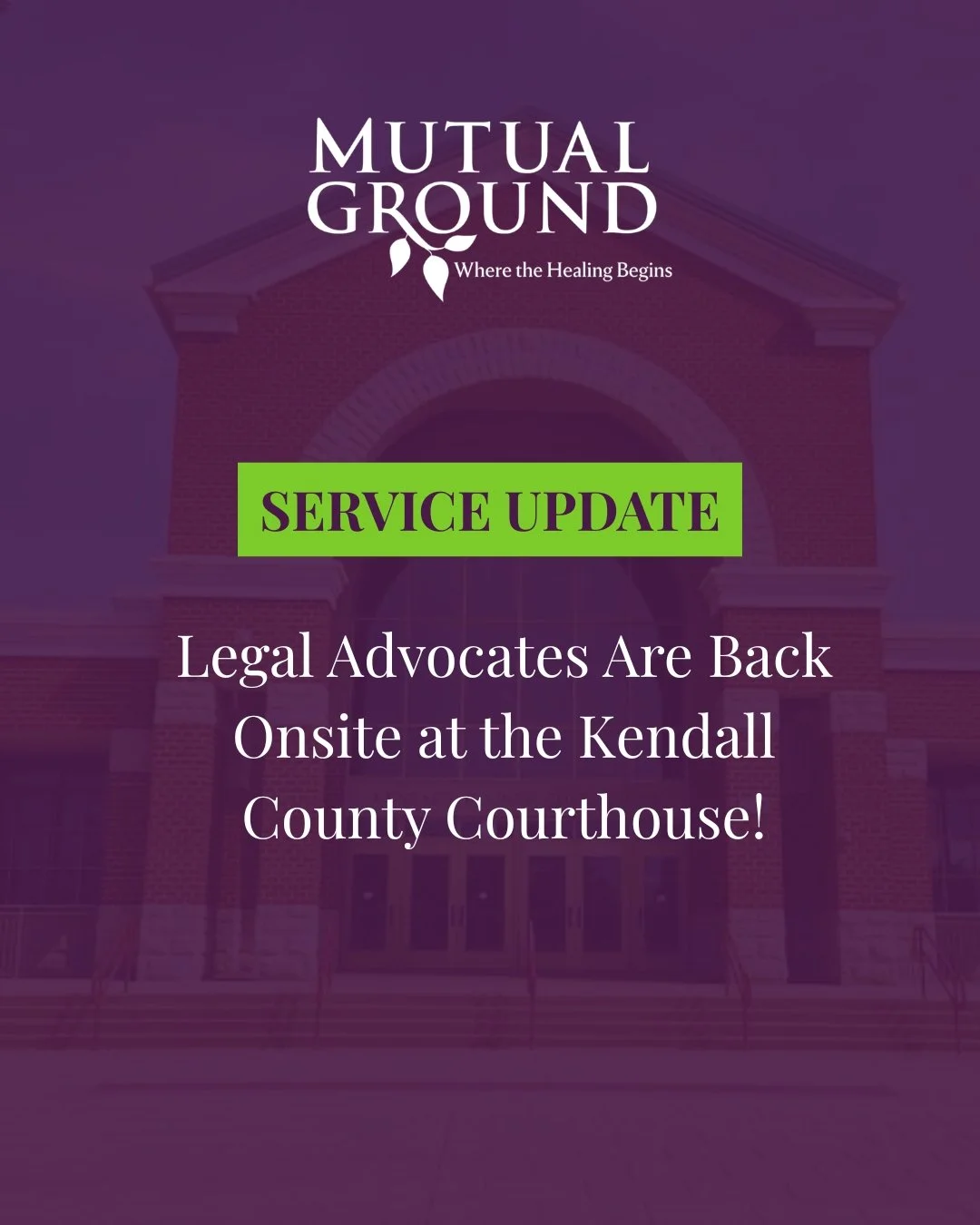 📢 Mutual Ground Advocates are back onsite at the Kendall County Courthouse!

Since our office has been relocated within the courthouse, anyone seeking services should check in with the front staff at the Circuit Clerk&rsquo;s Office. They will notif