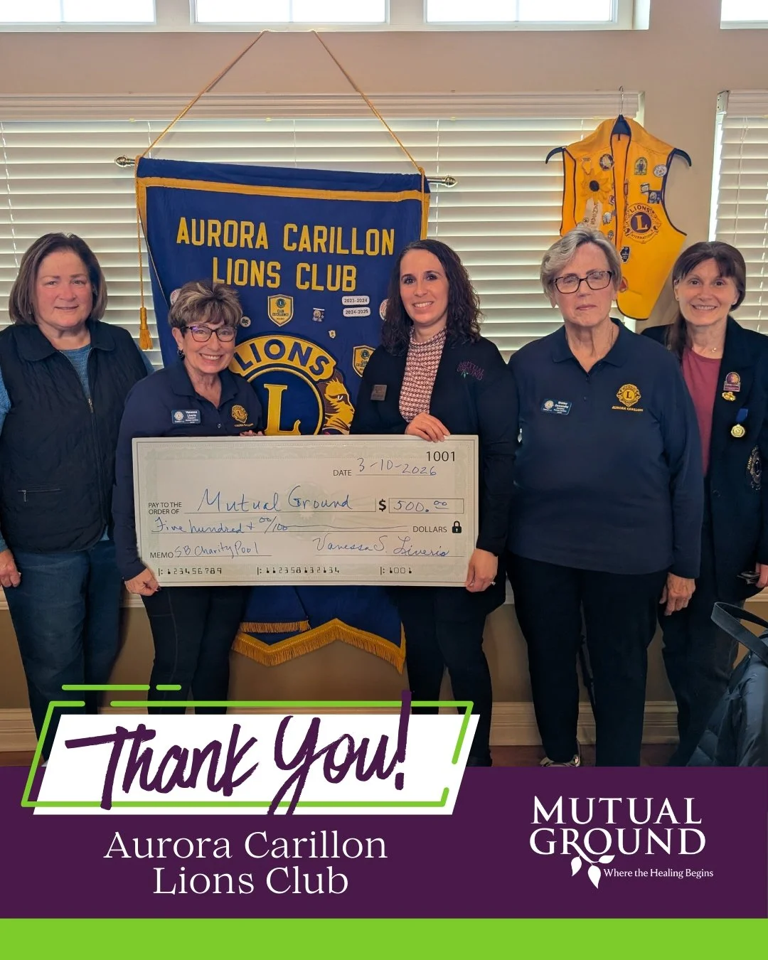💜 Thank you to the Aurora Carillon Lions Club for selecting Mutual Ground as the beneficiary of your Super Bowl fundraiser!

Our Advancement Director was honored to speak with your members and share more about the work Mutual Ground is doing to supp