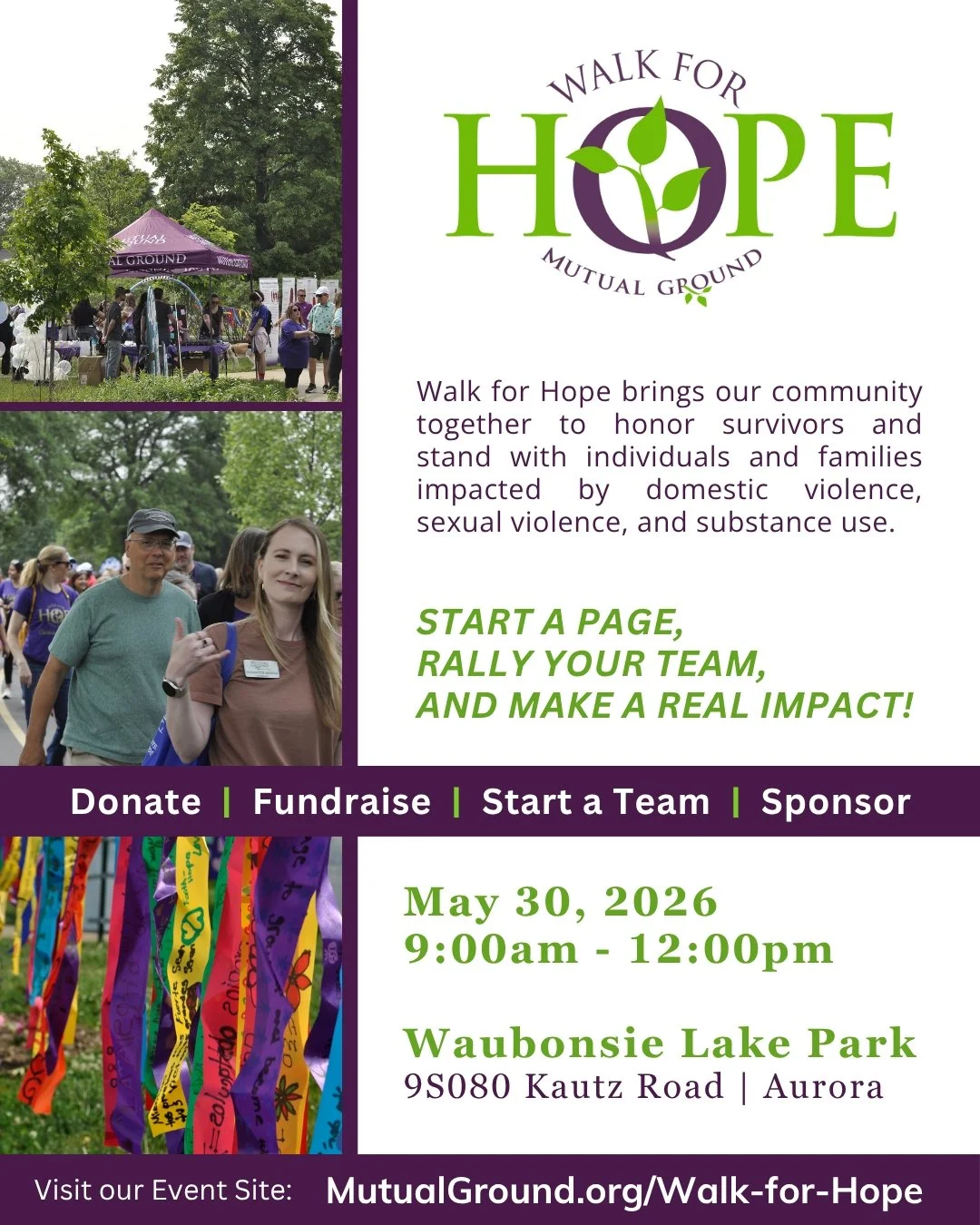 💜 Join us for our Walk for Hope!

Mutual Ground's Walk for Hope brings our community together to honor survivors and stand with individuals and families impacted by domestic violence, sexual violence, and substance use.

Be part of this family-frien