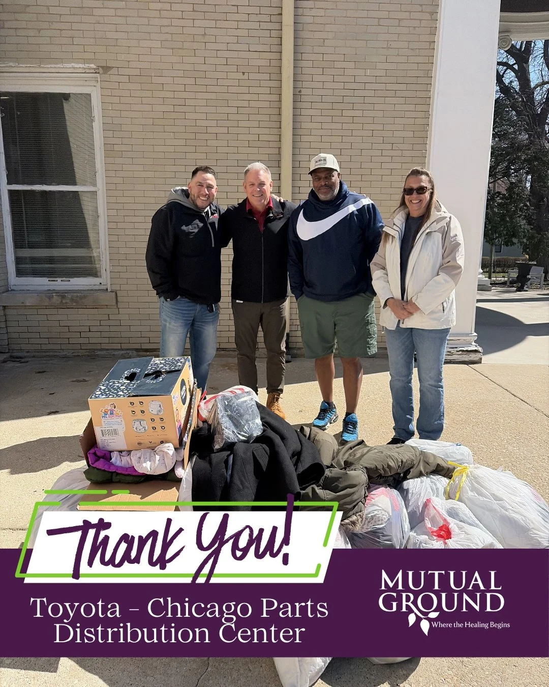 💜 Thank you, Toyota Chicago Parts Distribution Center, for hosting a clothing drive for Mutual Ground!

Your support helps provide essential clothing to the individuals and families we serve, and we are so grateful for your partnership and generosit