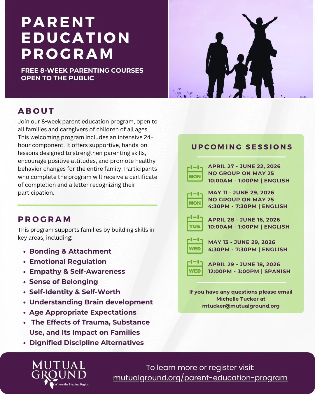 Parent Education Program Next Sessions

Registration is now open for our next 8-week Parent Education Program, free and open to the community! Designed for families with children of all ages, this program includes a comprehensive curriculum focused o