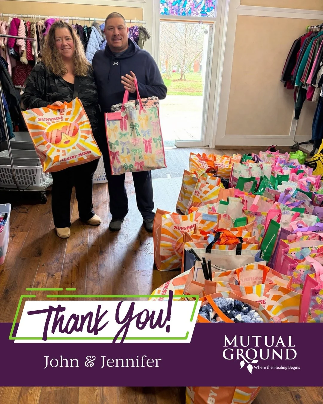 💜 Thank you, John &amp; Jennifer, for donating Spring baskets for the children in our shelter!

Your generosity brings smiles and joy to the children we serve, and we are so grateful for your kindness and support.

#MutualGround #Gratitude #ThankYou