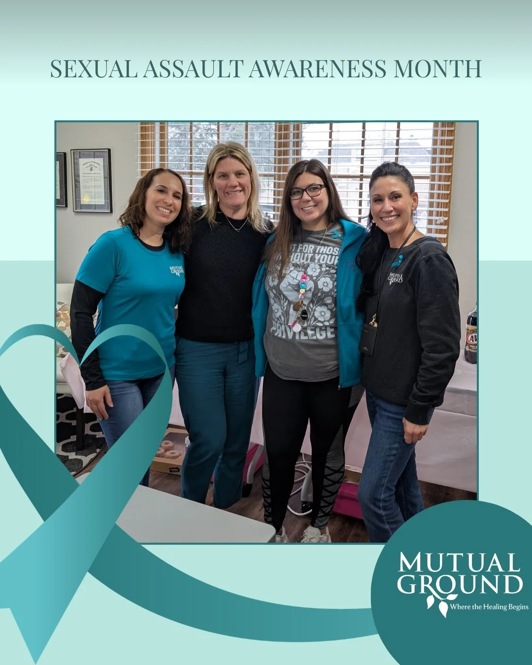 Our Advancement Team is wearing teal in honor of Sexual Assault Awareness Month Day of Action 💚

At Mutual Ground, we wear teal to stand with survivors and demonstrate our commitment to ending sexual violence.

We believe you. We support you. You ar