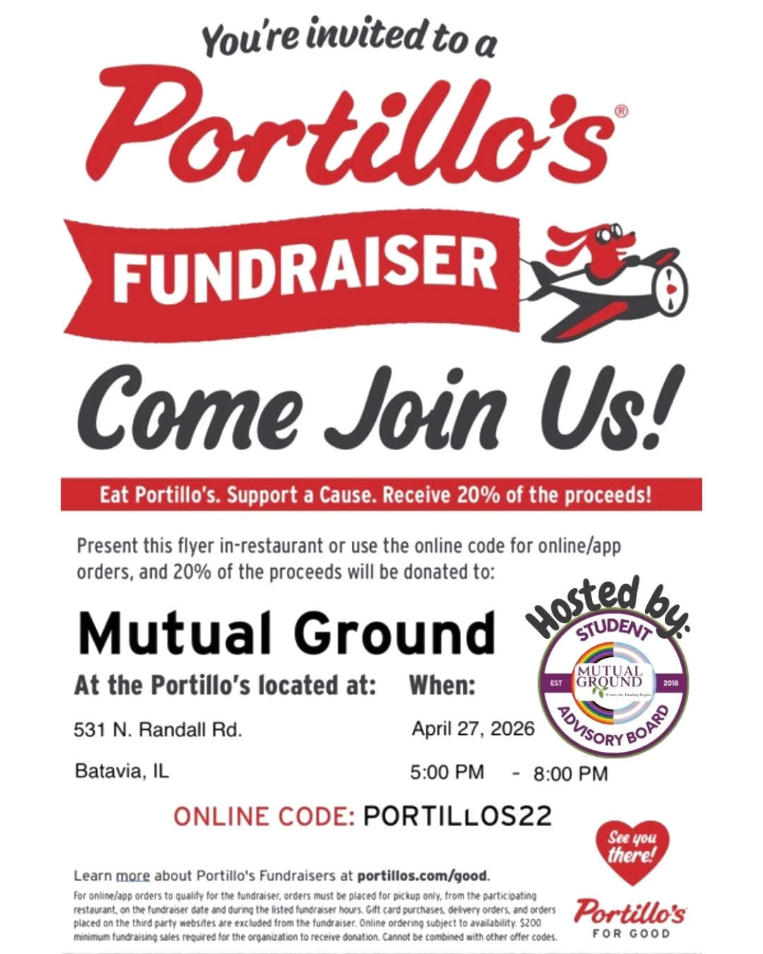 🌟 Save the Date for a Portillo&rsquo;s Fundraiser &ndash; Hosted by the Mutual Ground Student Advisory Board!

Join us on April 27th from 5 PM &ndash; 8 PM at Portillo&rsquo;s in Batavia! Our Student Advisory Board members and Advancement Director w