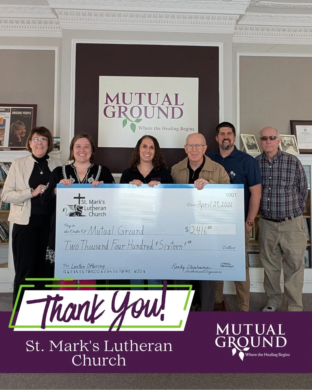 💜 Thank you to St. Mark&rsquo;s Lutheran Church for your generous donation!

Your generosity helps Mutual Ground continue providing safety, advocacy, and support to individuals and families in our community. We are so grateful for your kindness. 

#