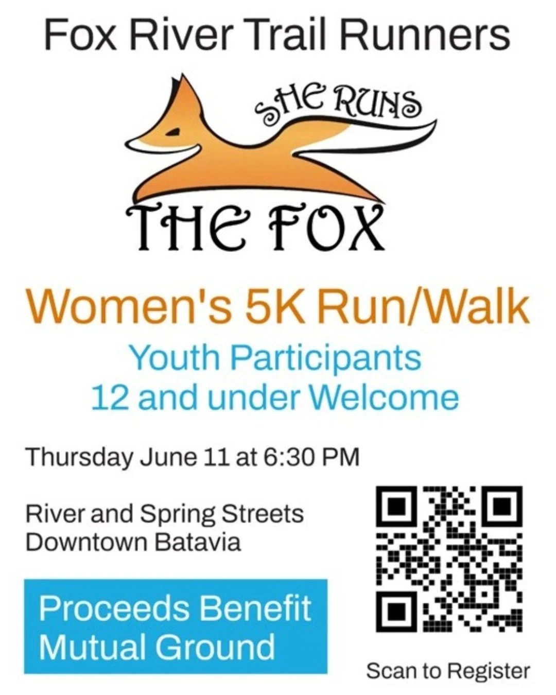 Join Fox River Trail Runners for She Runs The Fox 5K on June 11, 2026, at 6:30 pm! Celebrate women of all ages along the Fox River. $5 from each registration supports Mutual Ground, helping survivors of domestic and sexual violence. Bring your friend
