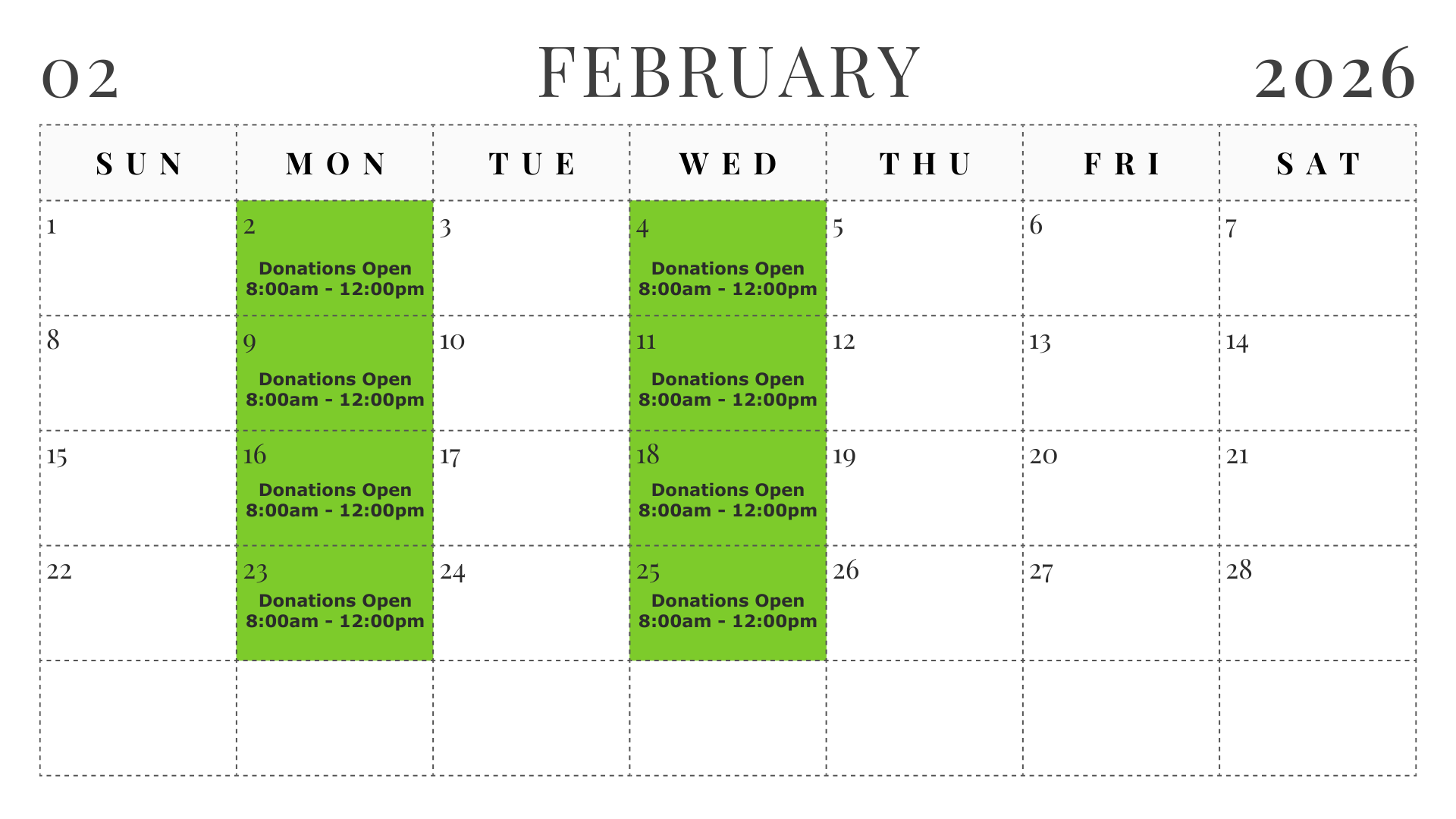 February Donation Hours