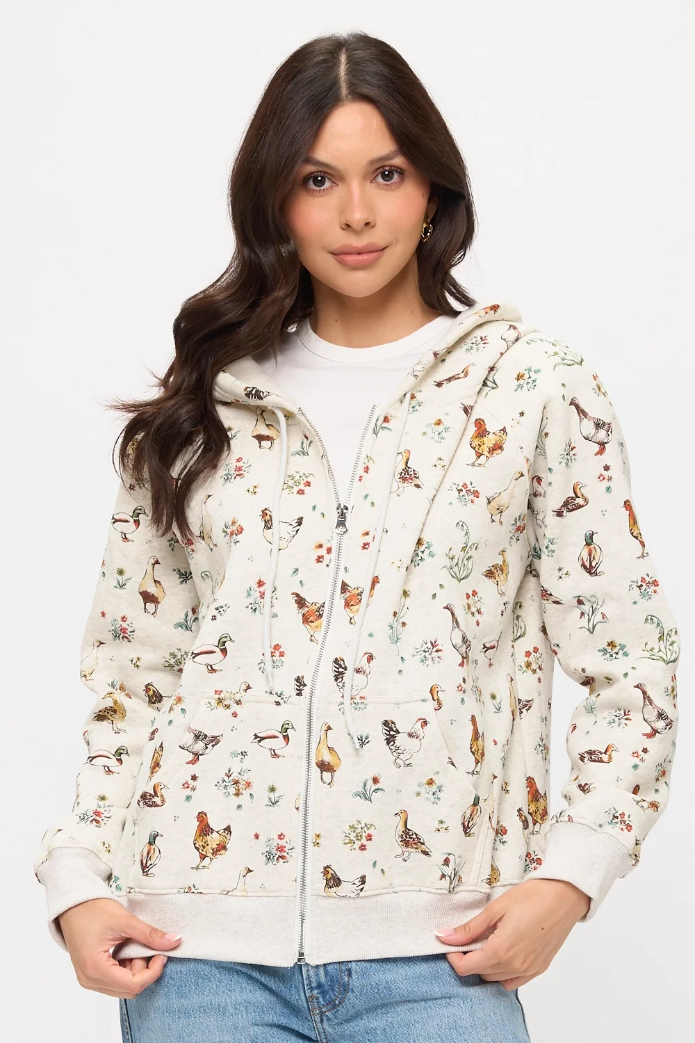 Ducks, Geese and Chickens Floral Print Zip Up Hoodie