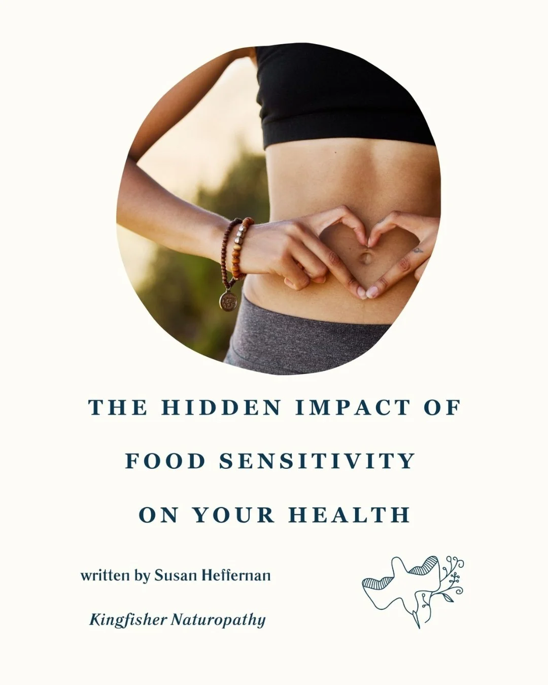 Book cover featuring a woman forming a heart shape with her hands on her stomach, promoting awareness of food sensitivity and health.