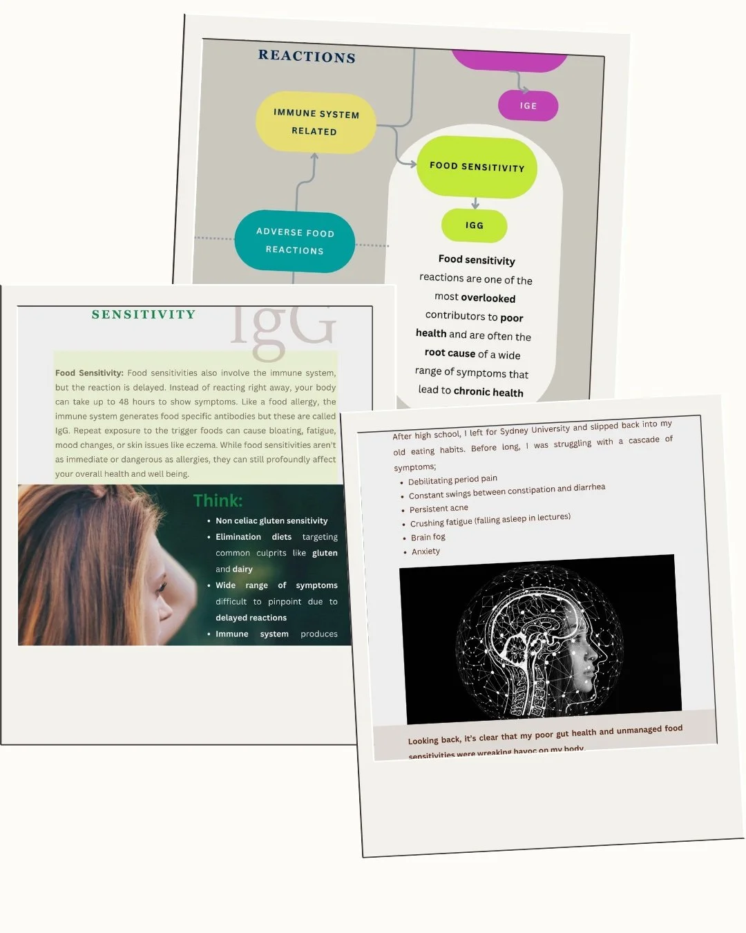 Collection of three overlapping informational posters about food sensitivities, immune responses, and gut health, featuring diagrams, text, and a photograph of a woman with long red hair.