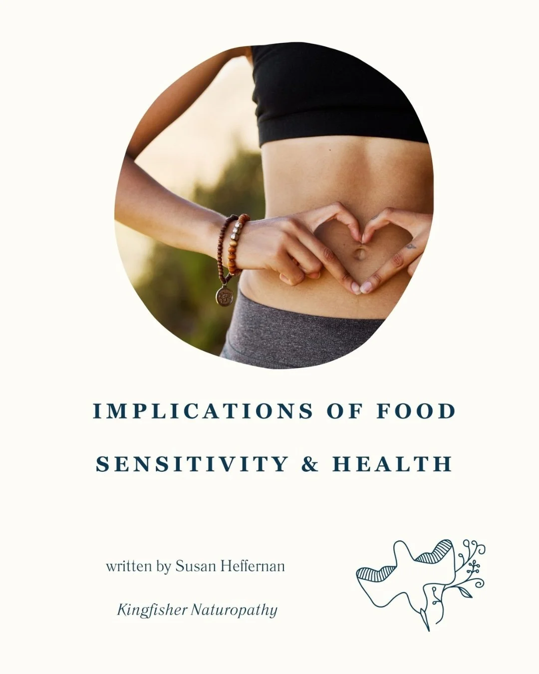Book cover titled 'Implications of Food Sensitivity & Health' features a woman making a heart shape on her stomach with her hands, wearing a black sports bra and gray pants, outdoors with a blurred background.
