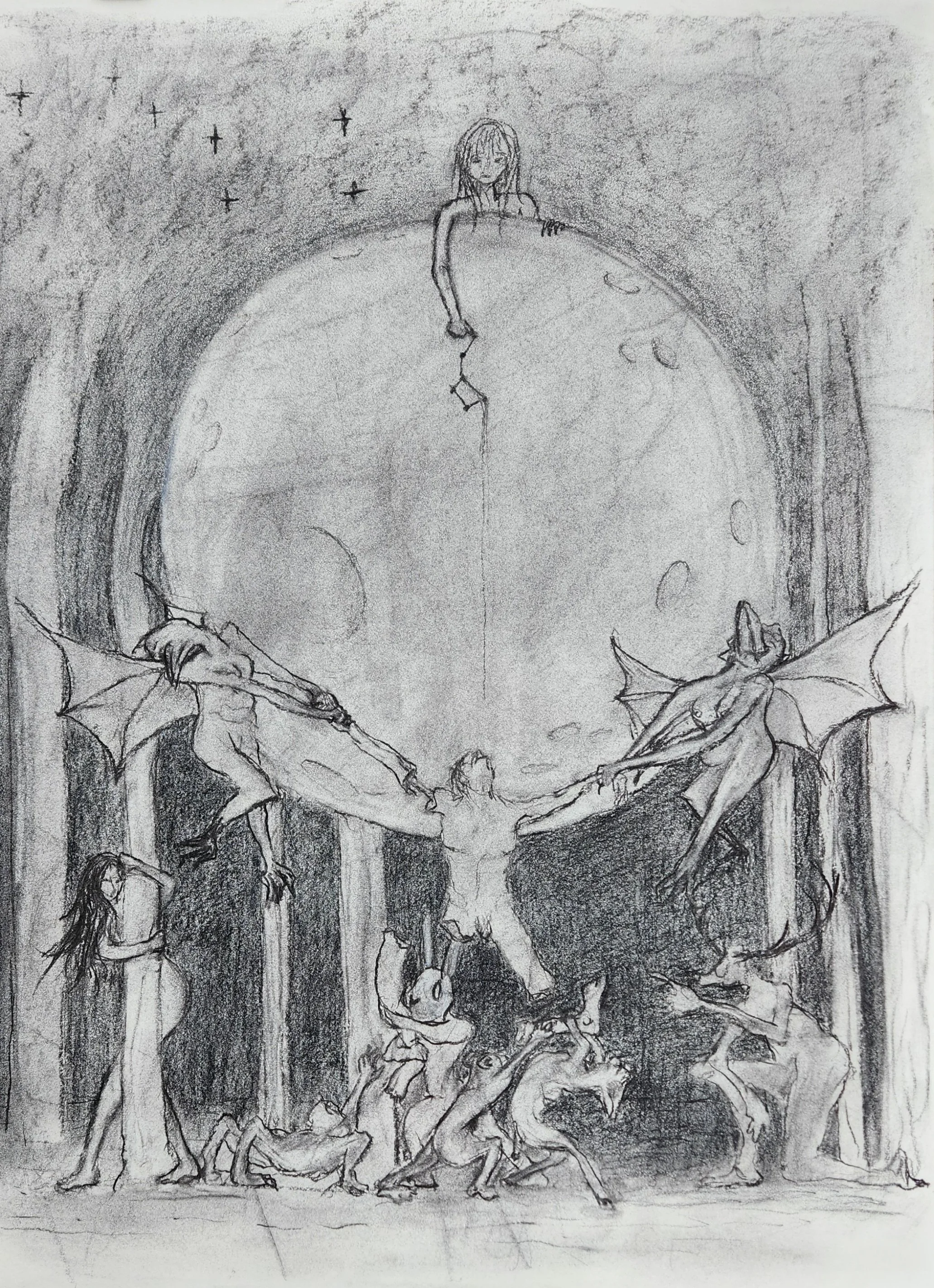 Girl on the Moon, 2023 (Vine charcoal on paper, 24” x 18")