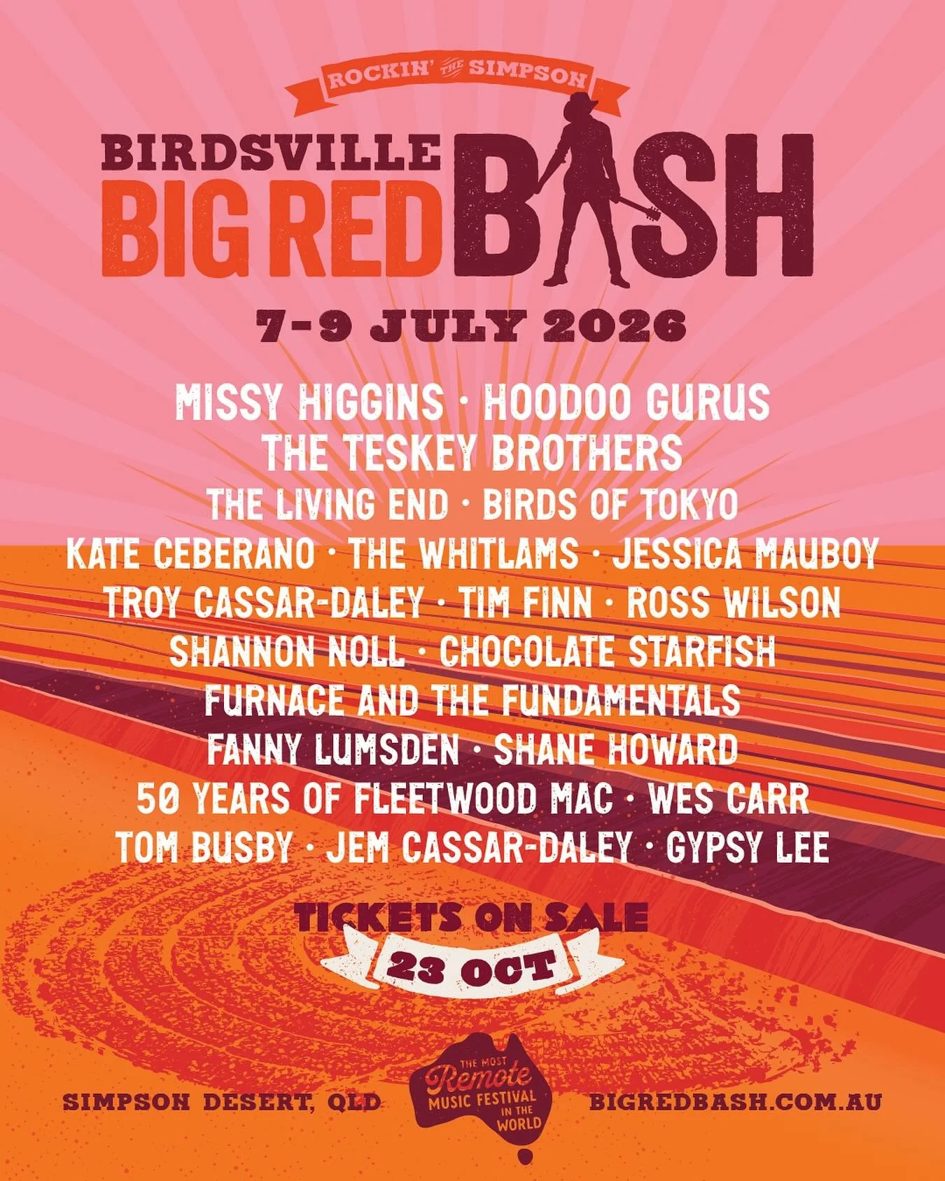My favourite Australian music festival. Wide open spaces, music, storytelling, all under the Milky Way of stars and sea of red dirt ✨✨✨

#repost @bigredbash 

THE BIG RED BASH 2026 LINEUP IS HERE!

The Bash is back &amp; the Simpson Desert will be ab