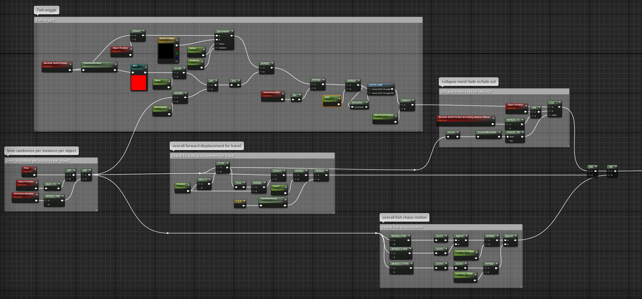 Fish shoaling system in the Unreal Engine viewport showing fish moving in linear forward paths