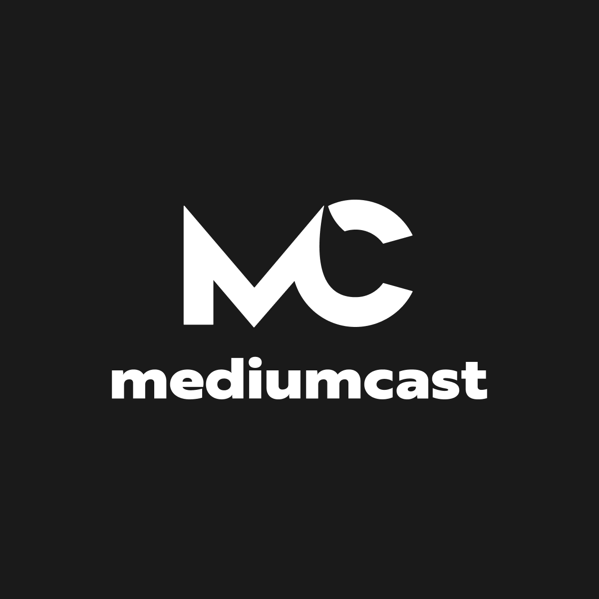 Mediumcast logo. Large M and C with the words Mediumcast below it. Coloured white on a black background