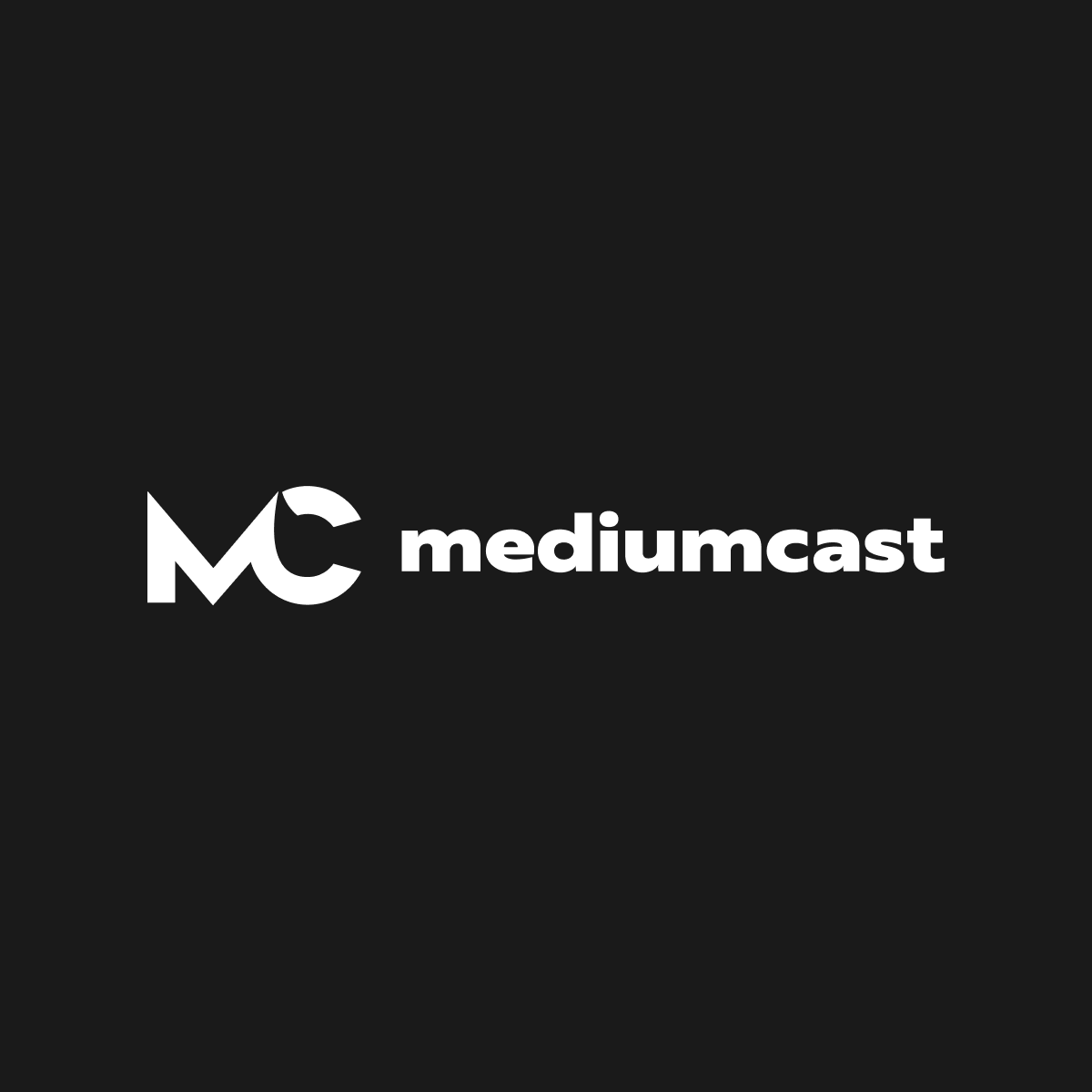 Mediumcast logo. Large M and C with the words Mediumcast to the right. Coloured white on a black background