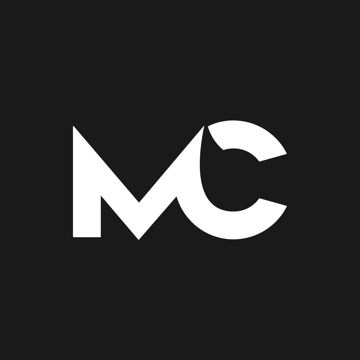 Mediumcast logo. Large M and C . Coloured white on a black background