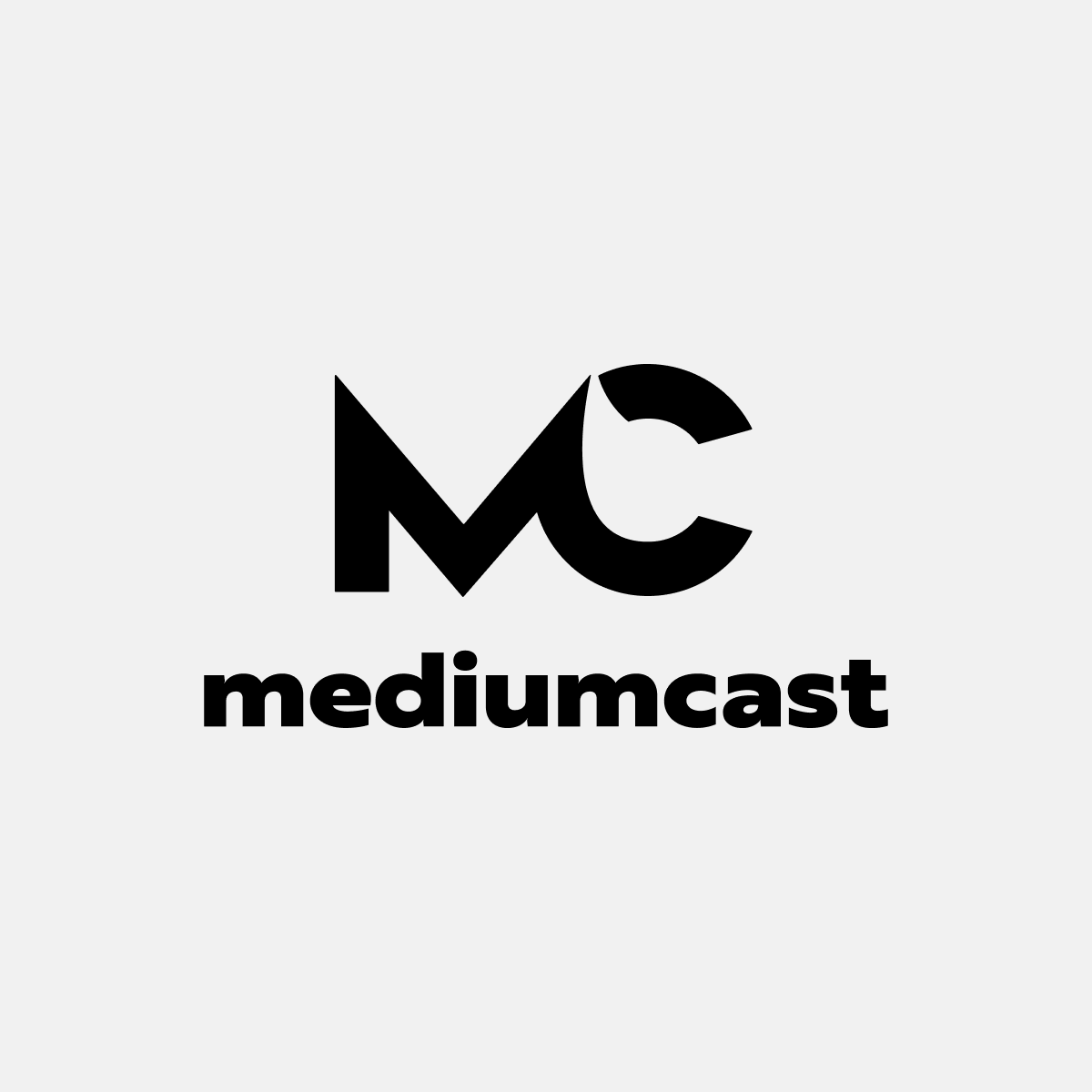 Mediumcast logo. Large M and C with the words Mediumcast below it. Coloured black on a grey background
