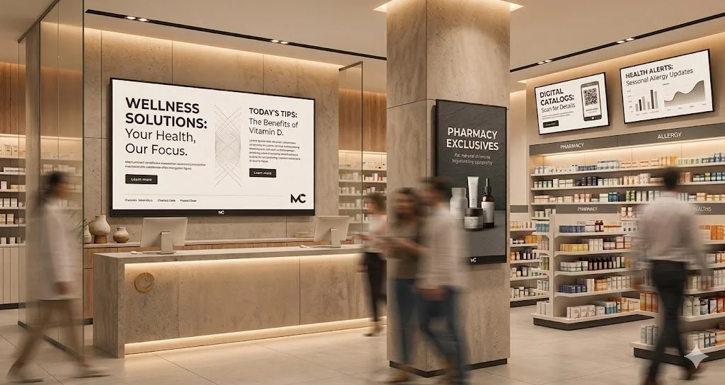 an image mockup of a pharmacy with mediumcast screens displaying promotional material