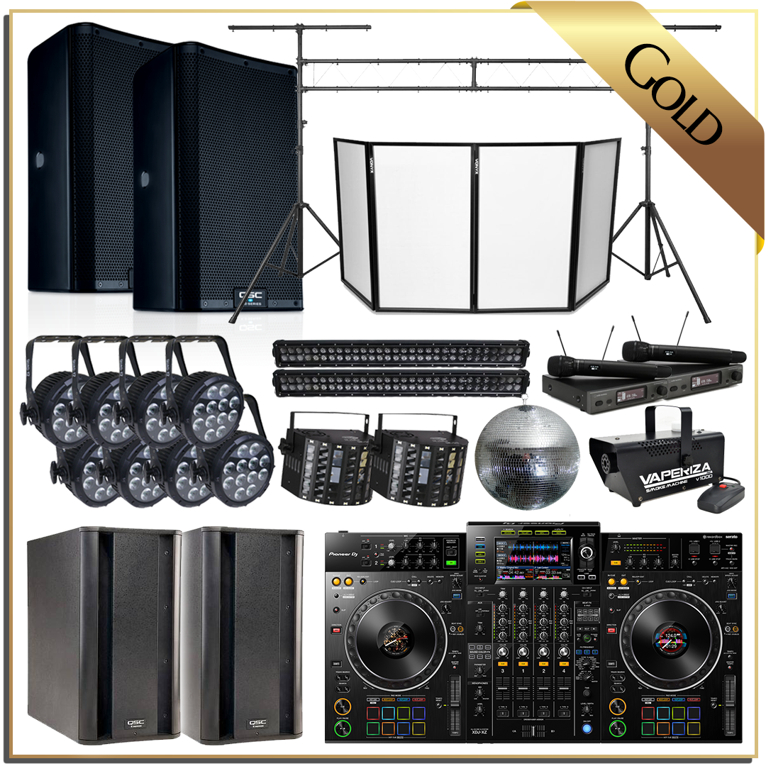 DJ equipment set with speakers, microphones, mixer, lighting, disco ball, and fog machine, labeled Gold.