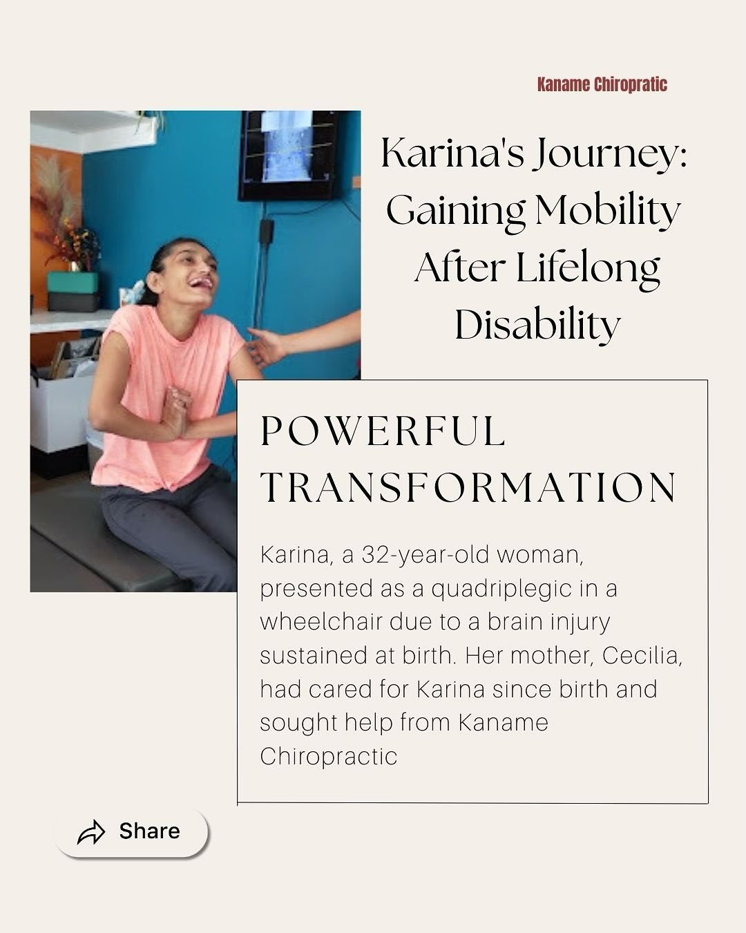Karinas story is truly magnificent. Her Mom Cecilia had to completely hold Karina up for the first x-ray bc she had no strength or awareness on her own. By the second film, Karina had such improved core strength and motor control that her Mom only ne