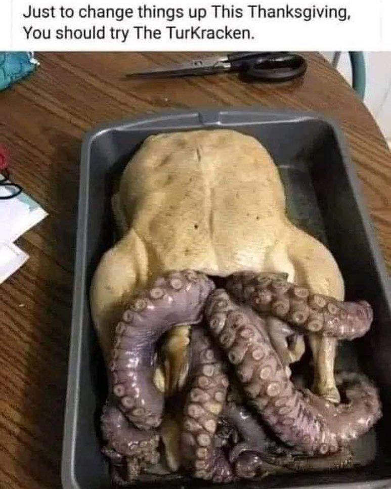 It&rsquo;s never too late to get Kraken on what&rsquo;s sure to be a new Thanksgiving classic, and quite possibly the official main course of the Kraken House 😂 Someone tell me where to buy this, and I&rsquo;m there.