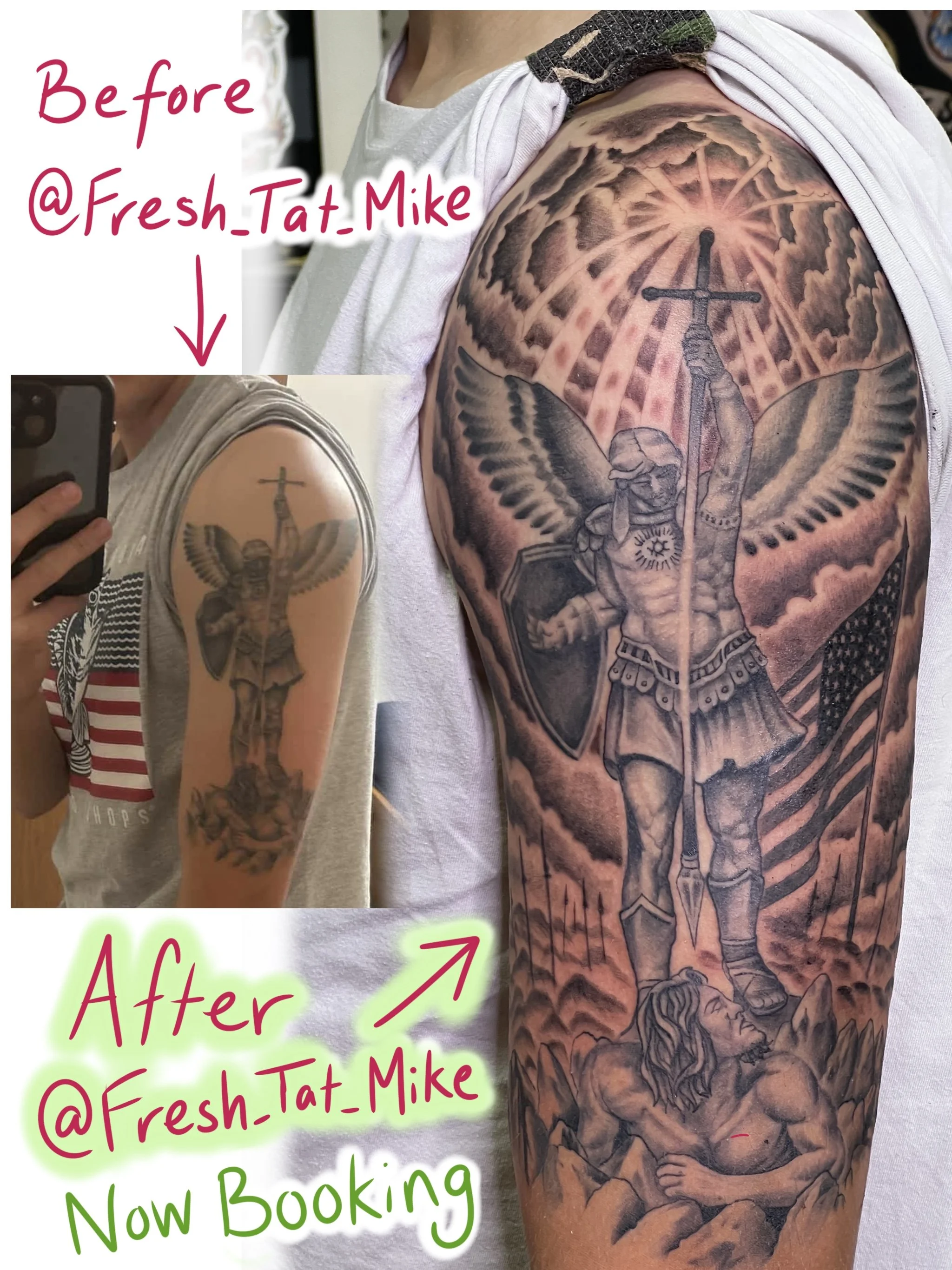 Comparison of a tattoo before and after tattoo removal showing a shoulder tattoo of an angel and a large cross over the chest, with handwritten notes indicating the process, Instagram handle, and that the artist is now booking.