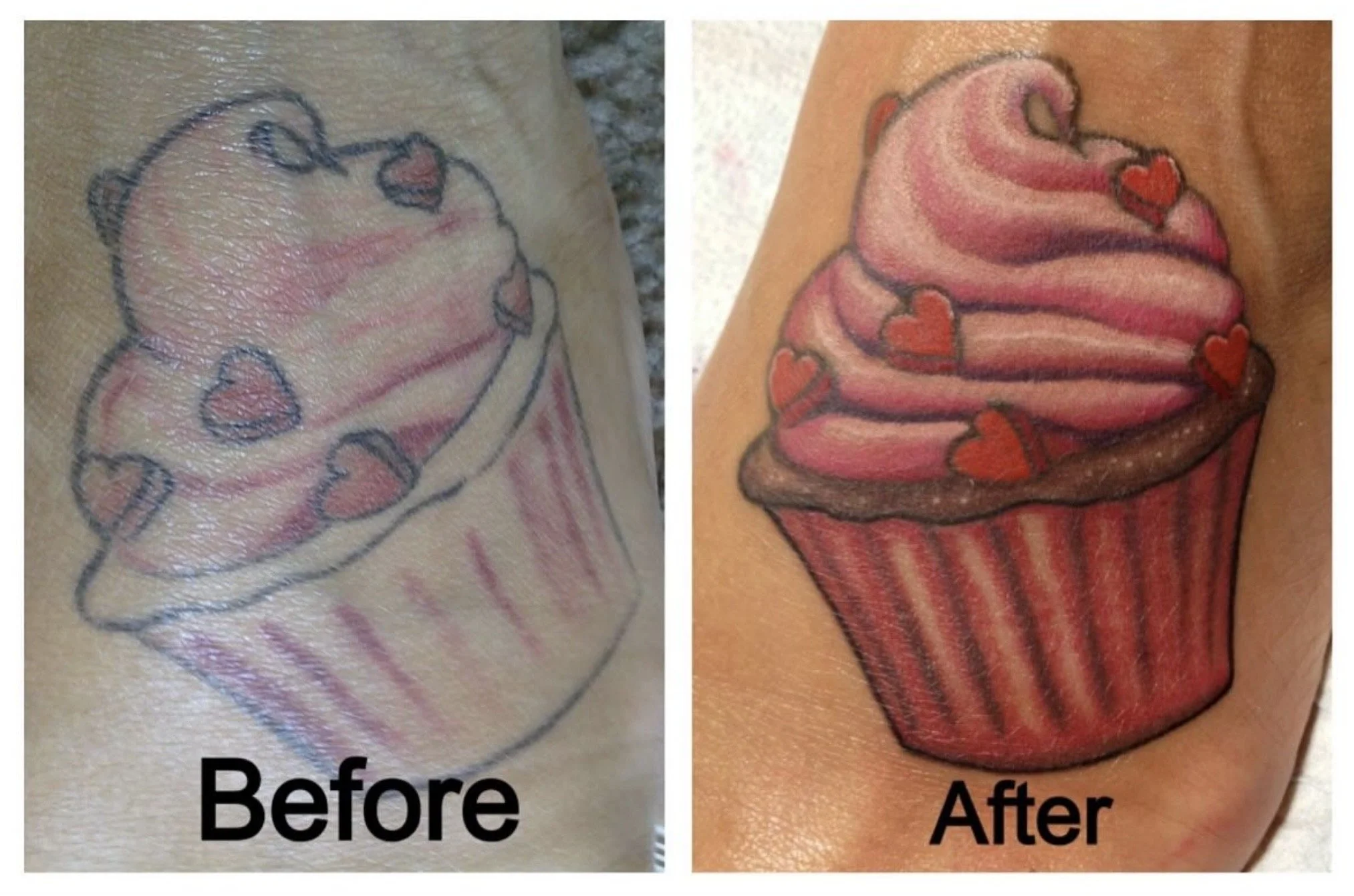 Comparison of a tattoo of a cupcake with hearts on it before and after coloring, showing the tattoo's improvement in color and detail.