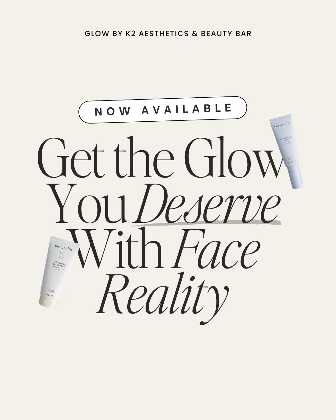 Face Reality is NOW AVAILABLE at Glow by K2! And, it's 20% off this month! 😱 We're open today from 10am-2pm for gift card &amp; product sales - last day to shop before Christmas! ❄️⁠
⁠
We've been loving Face Reality and can't wait to share more abou