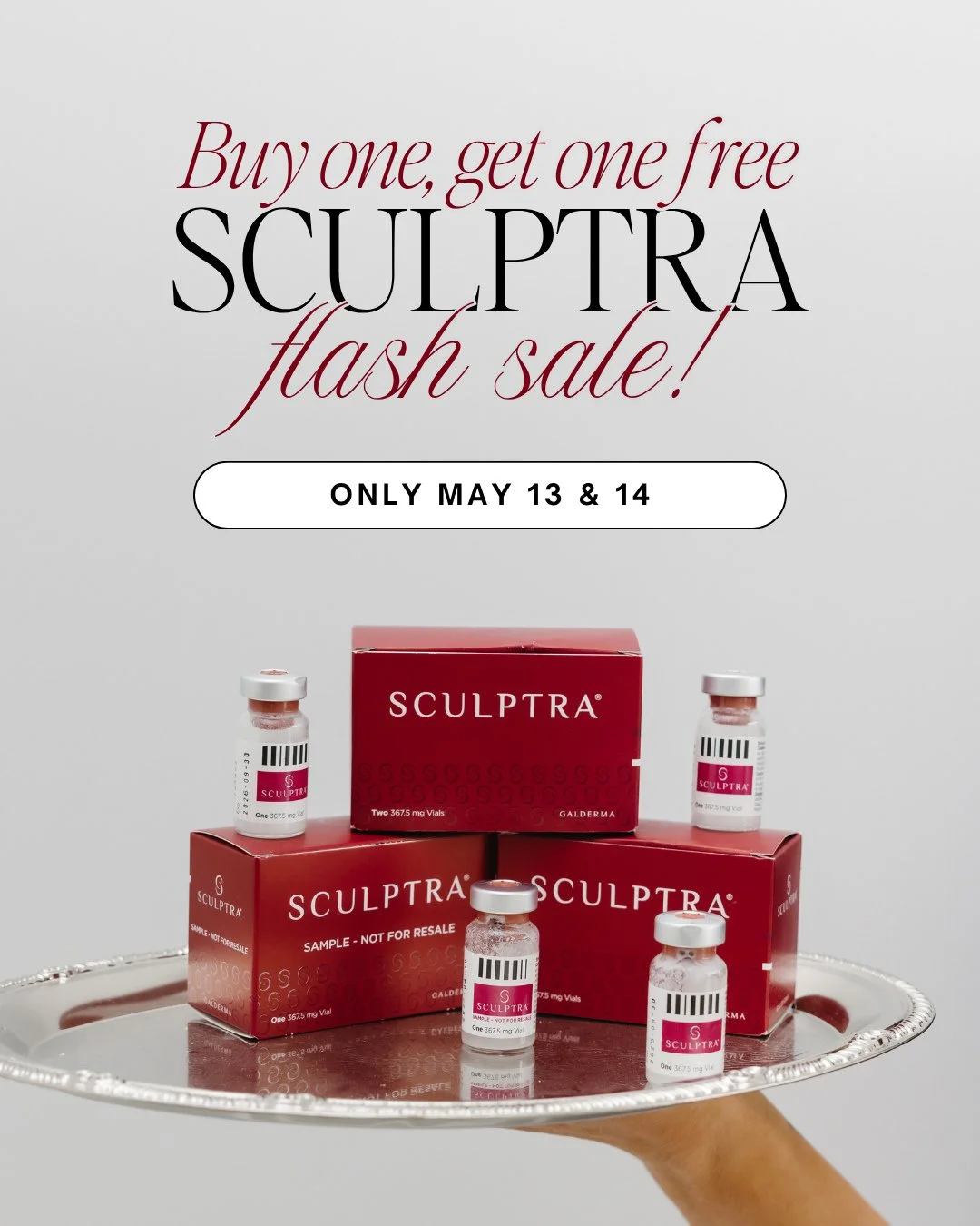 🚨 SCULPTRA FLASH SALE! 🚨 Buy one, get one FREE Sculptra vials today and tomorrow ONLY! ⁠
⁠
⬇️ Details: ⁠
- Purchase a Sculptra vial for $800, get 1 FREE! ⁠
- Must start using your Sculptra vials by 12/31/2026. ⁠
- Call or come in to purchase during