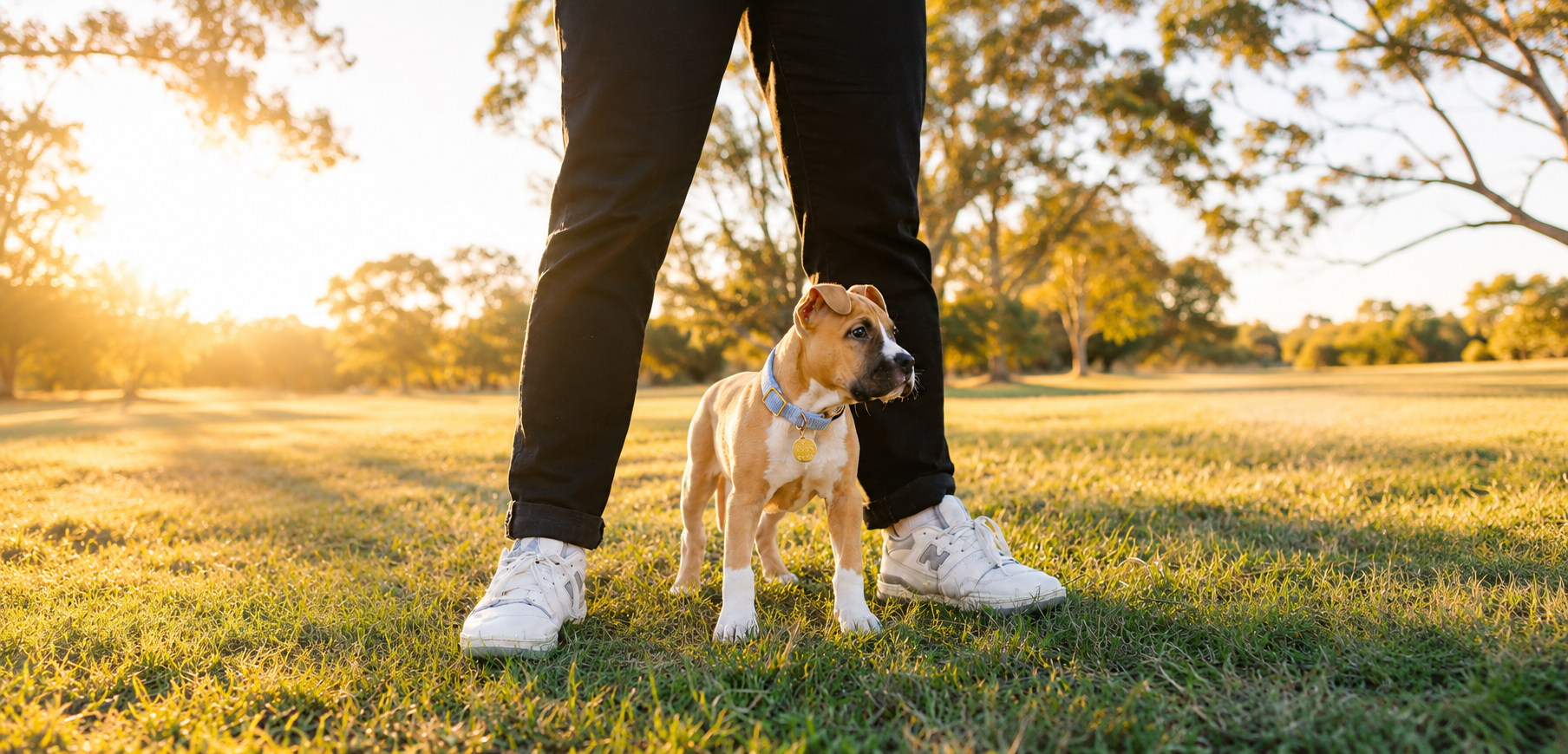 Puppy feeling confident with owner outside socialising in a park in Adelaide