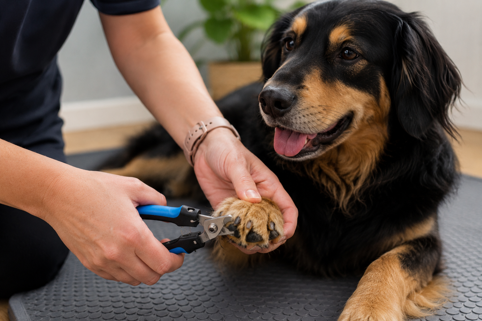 Dog voluntarily participating in nail trimming training using Cooperative Care techniques.