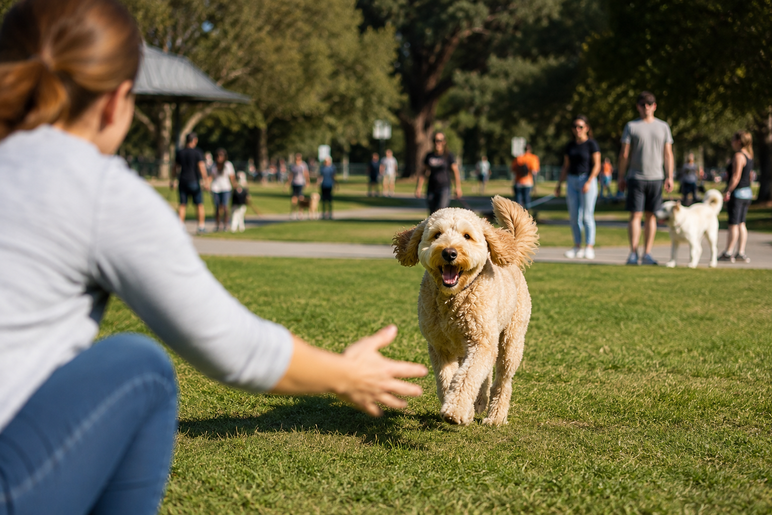 Dog happily returning to its owner during a positive reinforcement recall training class in Adelaide.
