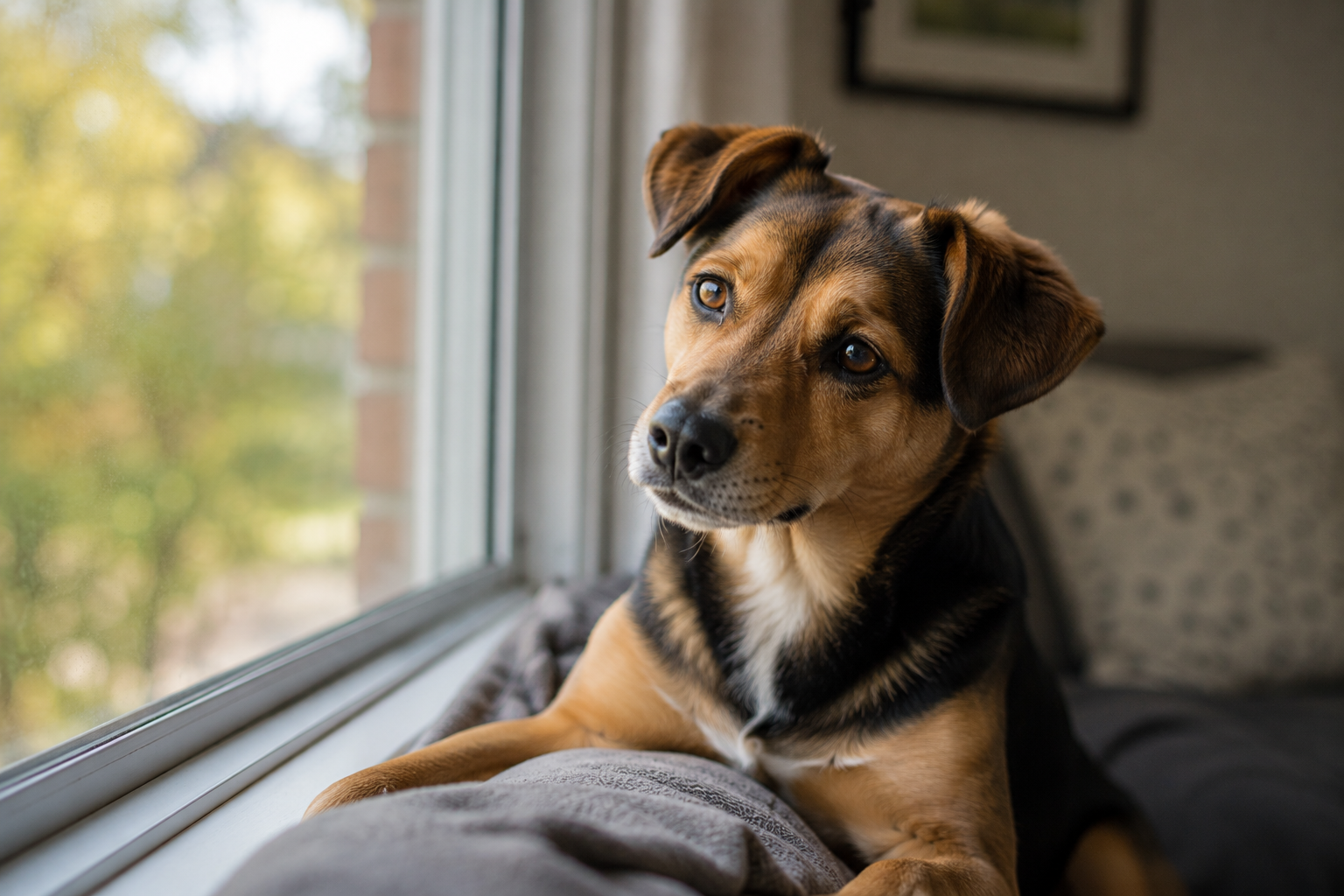 Dog is sitting in window and nervously waiting for visitors to come