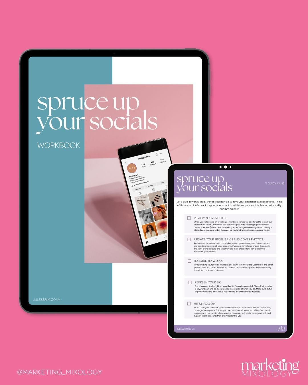 Wanna give your socials a cheeky spruce up before Summer really kicks off?

Download my free workbook to help get your started. 

From 5 quick things you can do to give your socials a little bit of love, to setting yourself some achievable goals this