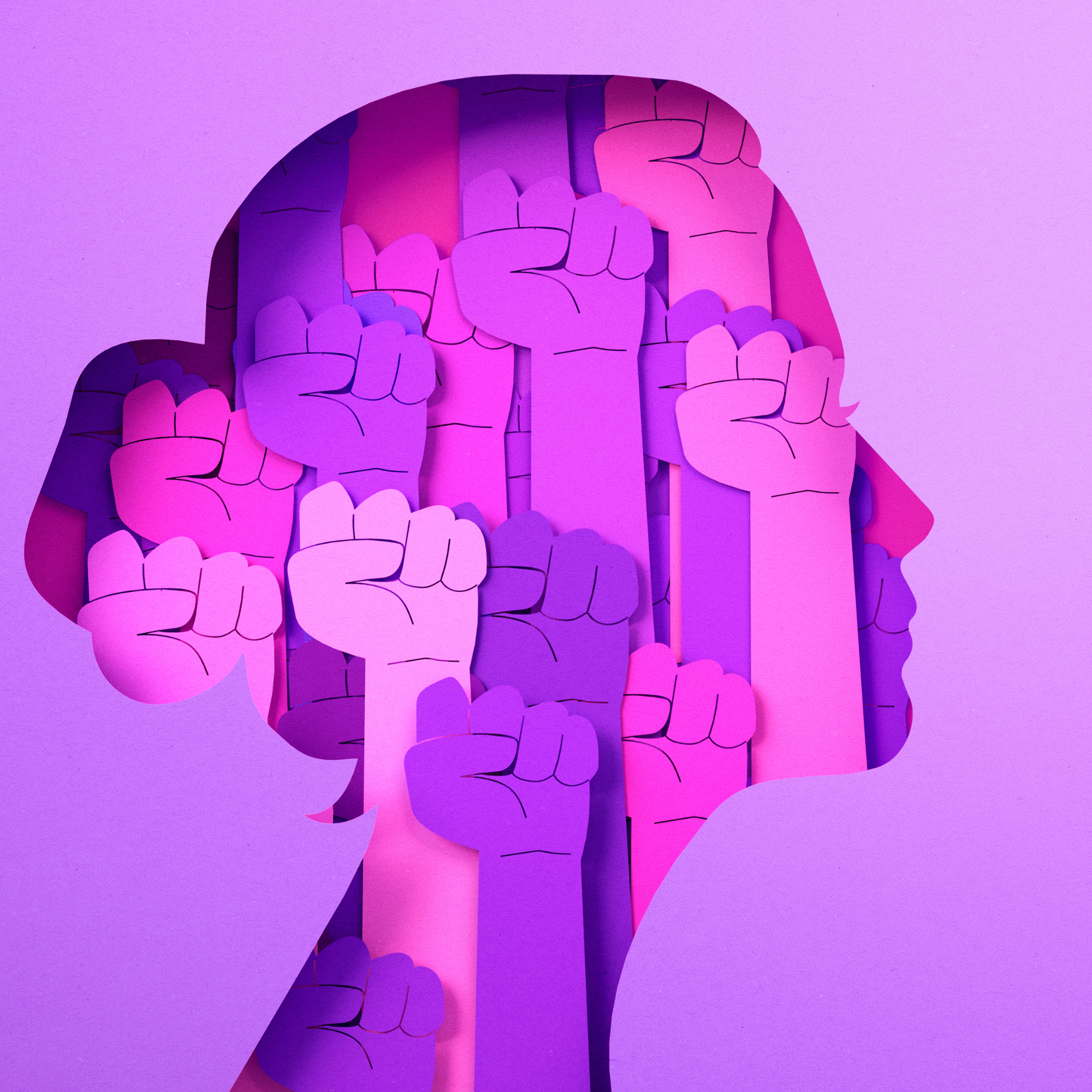 A stylized digital artwork of a human profile silhouette with a brain made of layered, interconnected paper-like fists, illuminated by purple and pink lighting.